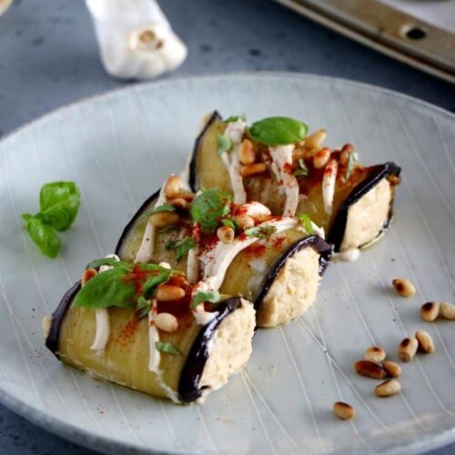 Eggplant Rolls filled with Roasted Garlic Hummus 3206 747x1024 1