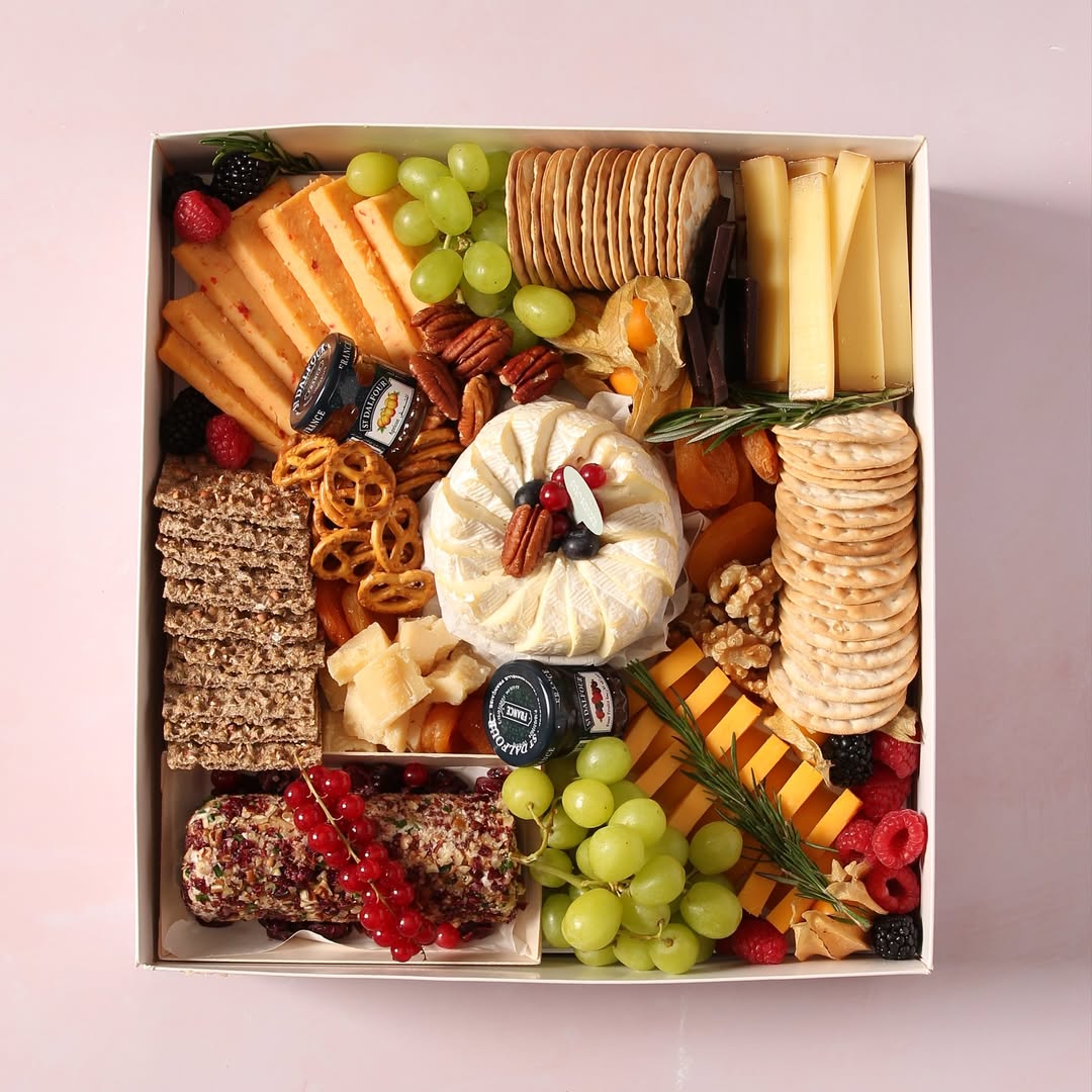 Gather snack and savor Cheese Board includes six different cheeses Cranberry Cheese log Chili Cheddar Brie Comte Aged Parmesan Plain Cheddar.Accompanied by grapes crackers selection of preserves berries