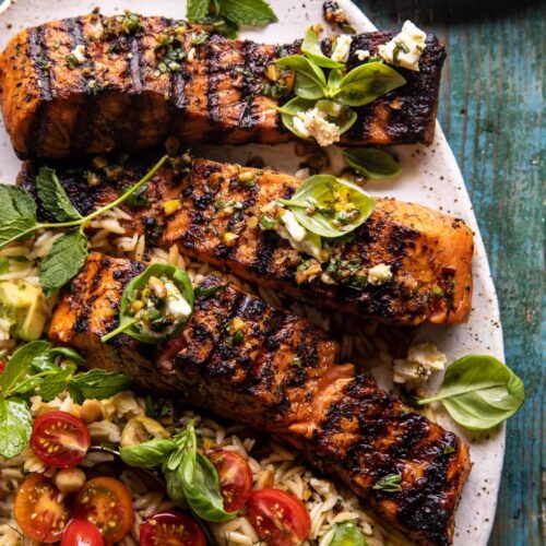 Greek Salmon with Lemon Feta and Orzo Summer Salad 4