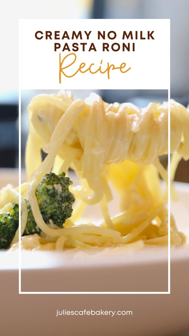 creamy no milk pasta roni on fork closeup