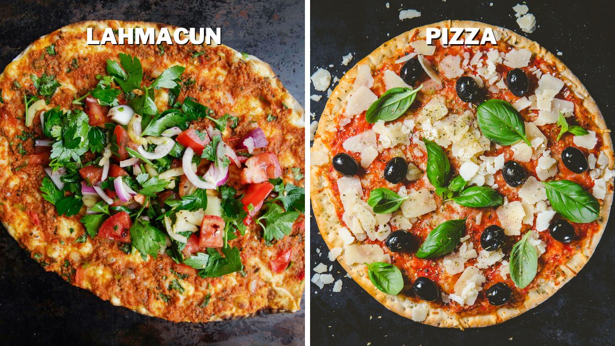 Lahmacun is usually topped with ground beef or lamb mixed with chopped tomatoes herbs and spices while pizza has a variety of toppings