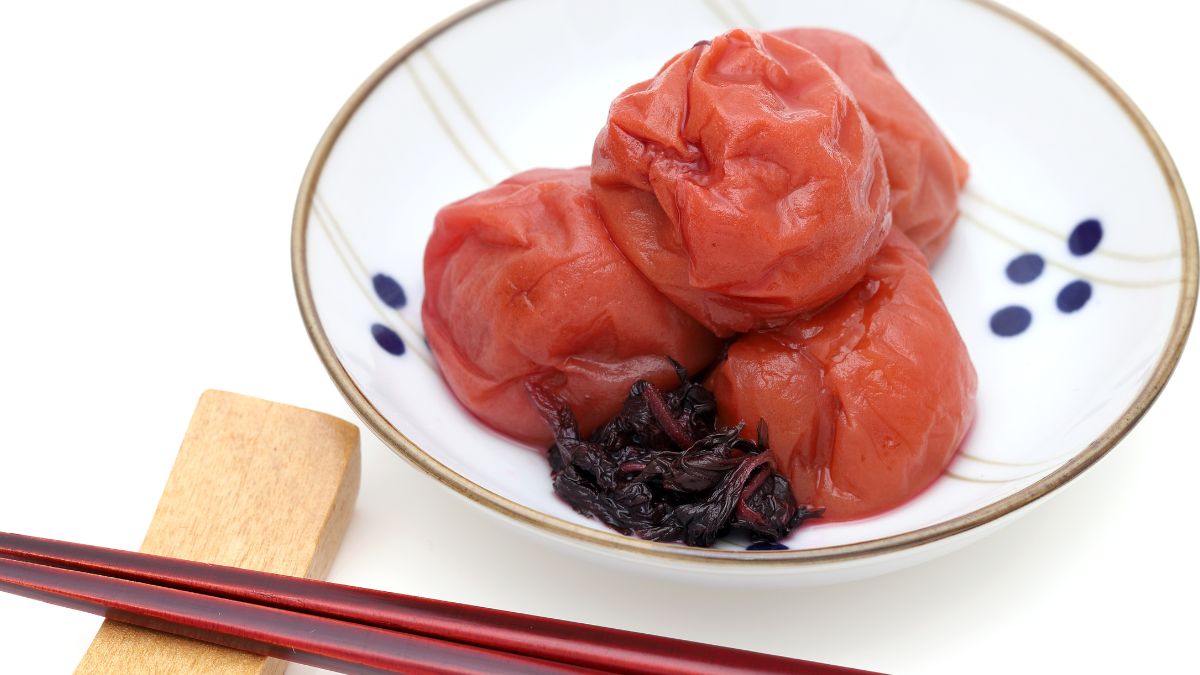 Pickled umeboshi on a dish