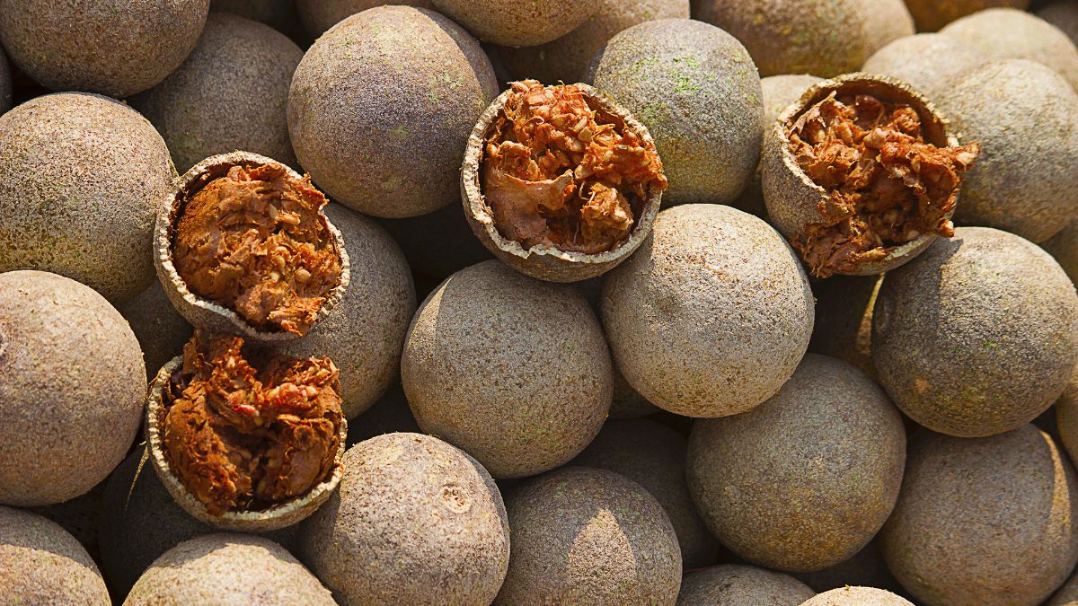 a pile of Wood Apples, two on the top are split in half