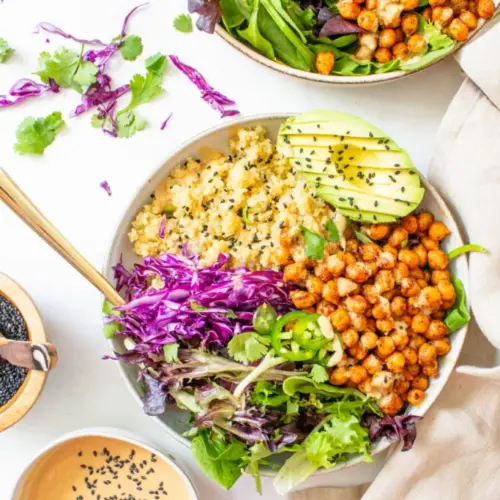 roasted chickpea quinoa bowls sesame ginger dressing 3 683x1024 1